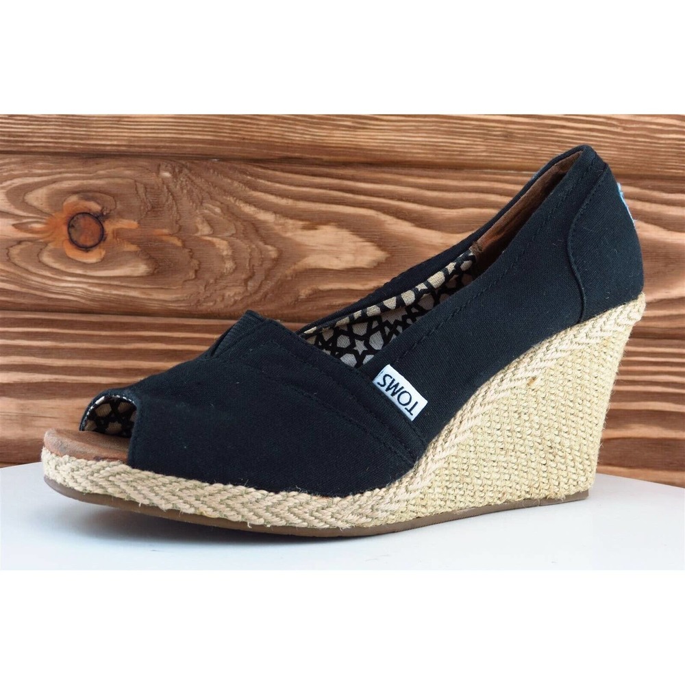 Toms Sz 8 M Black Open Toe Wedge Synthetic